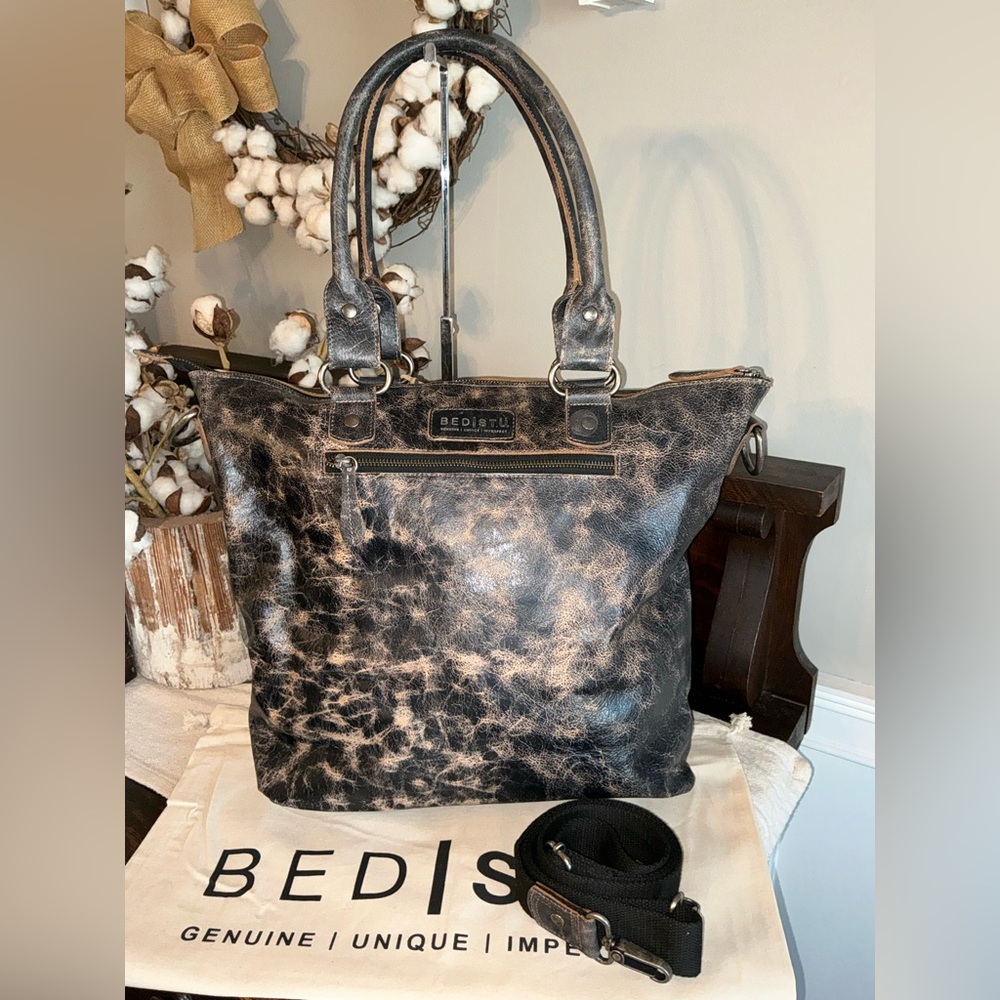 NWT Bed Stu Leather Big Fork Crossbody Tote Shoulder Bag Black Lux MSRP $365 - Picture 2 of 12